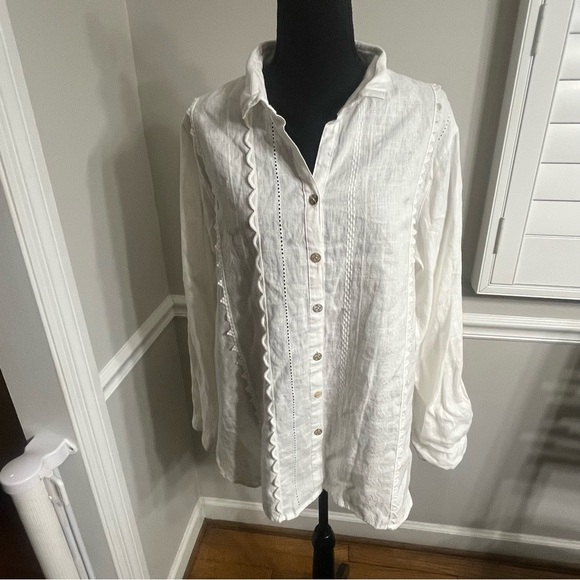 John Mark linen NWT top womens OX tuxedo boho resort Lagenlook engraved buttons - Picture 2 of 15